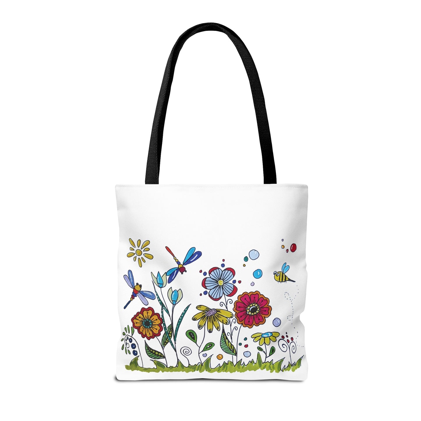 White canvas tote bag with my original zentangle flower garden drawing