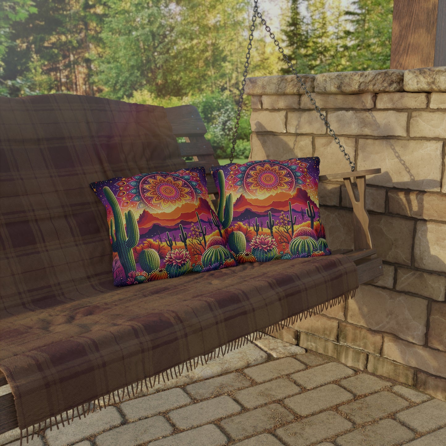 Arizona Landscape Mandala Outdoor Pillow — Desert Sunset Accent Pillow