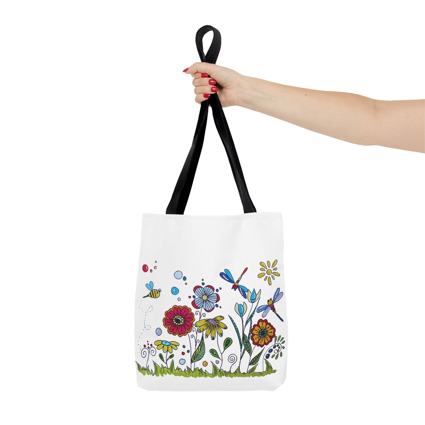 White canvas tote bag with my original zentangle flower garden drawing