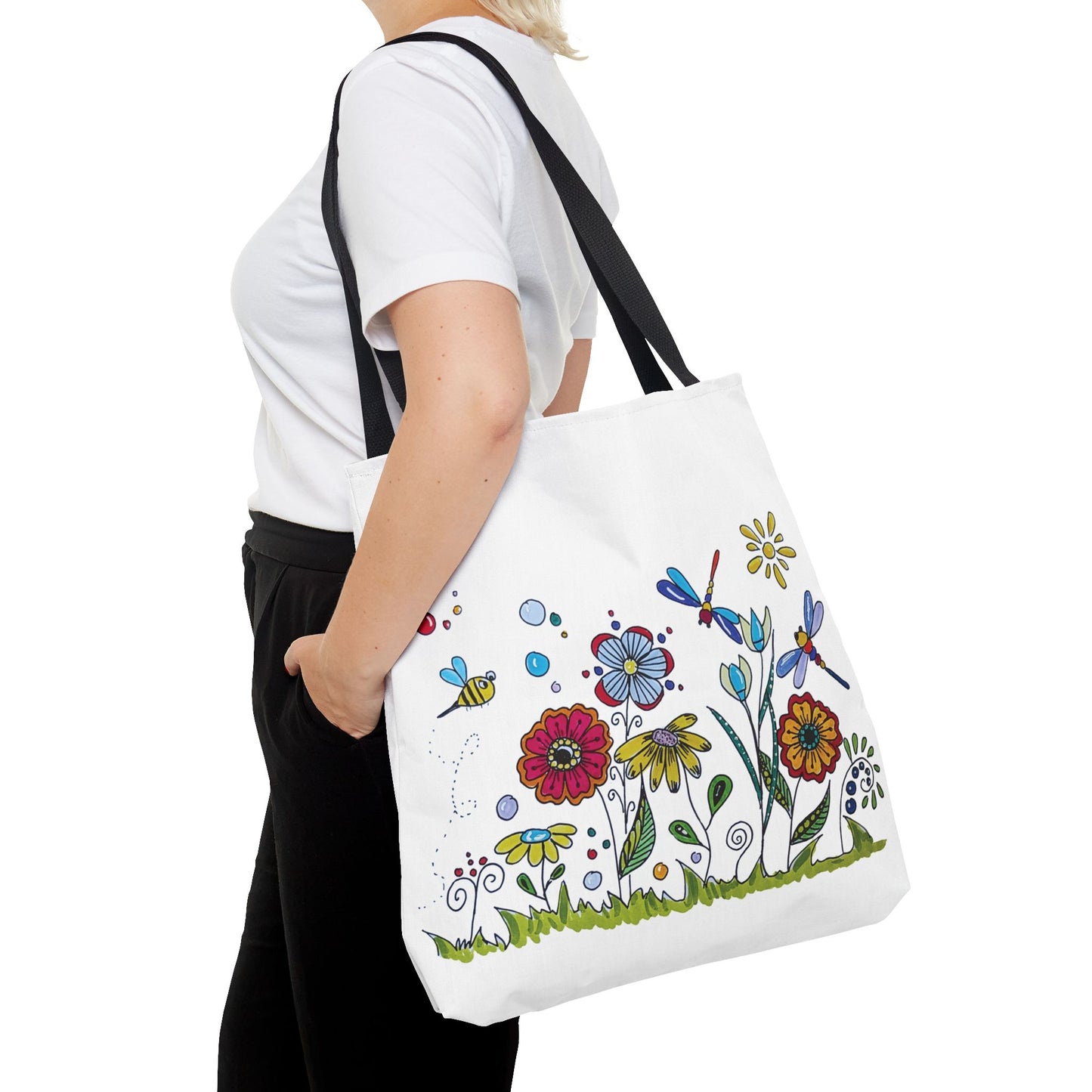 White canvas tote bag with my original zentangle flower garden drawing