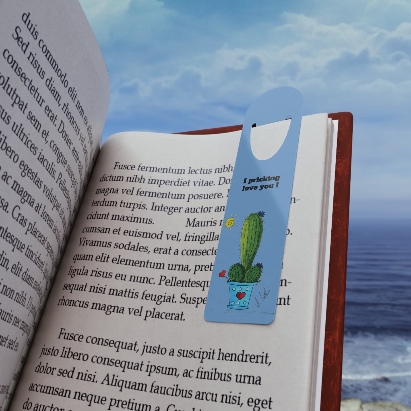 Blue Cactus bookmark - with I pricking love you - cactus pun