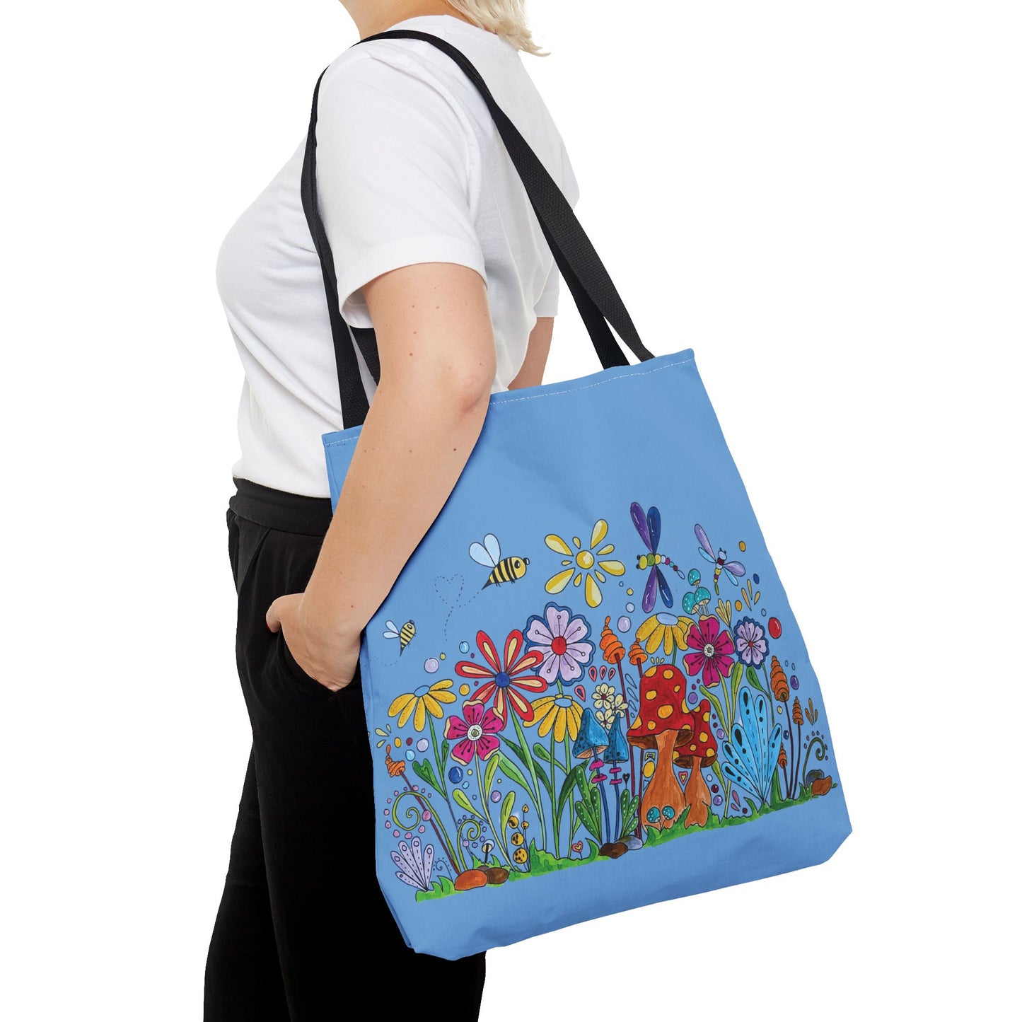 Blue tote bag with my original flower and mushroom drawings with bees and dragonflies
