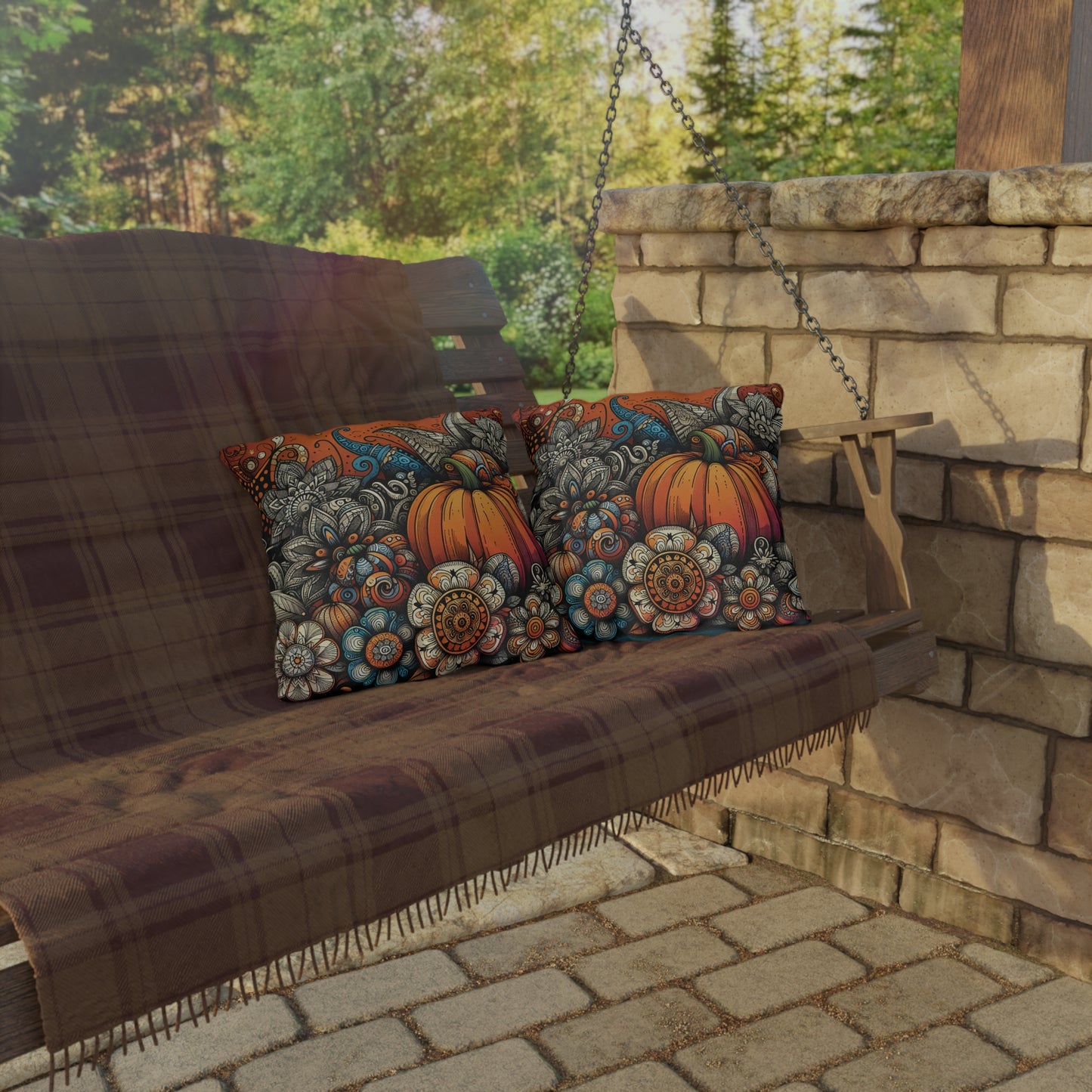 Pumpkin Zen Doodle Outdoor Pillow — Floral Fall Accent