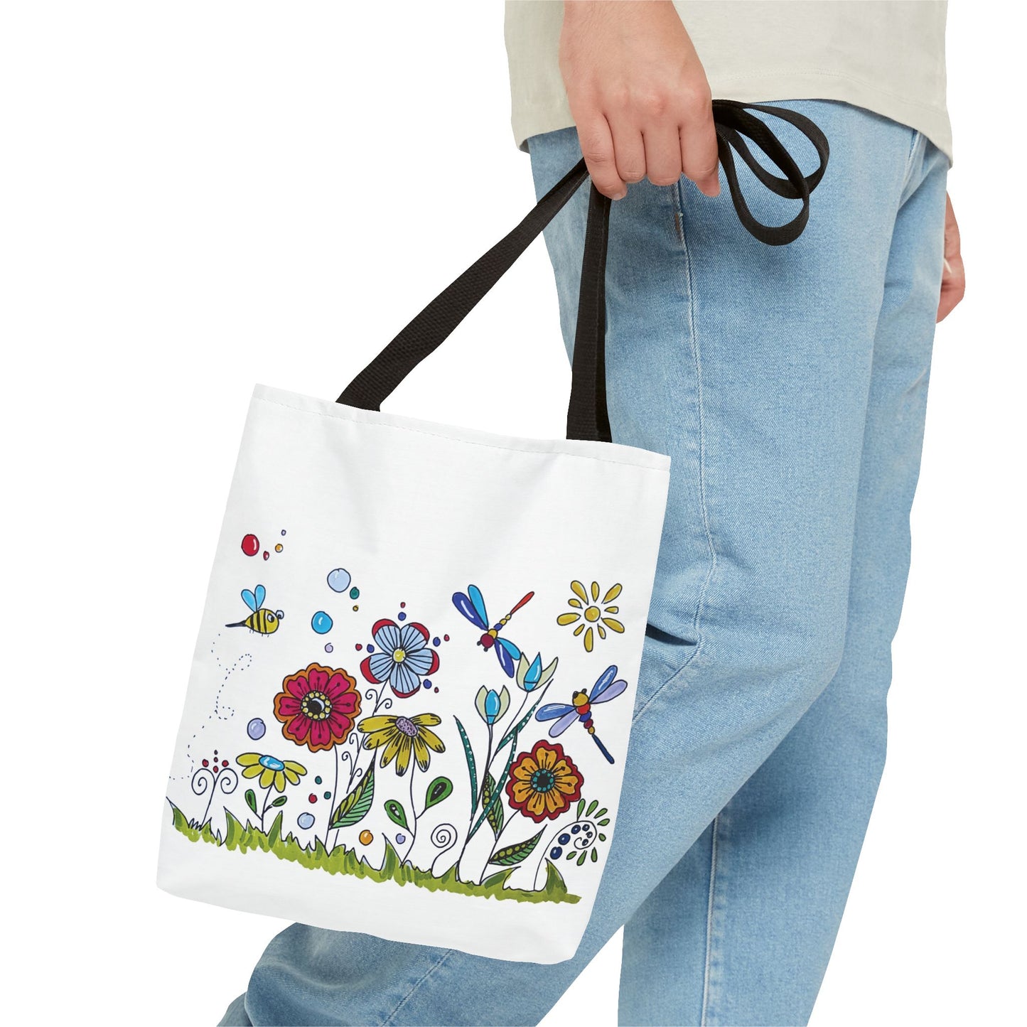 White canvas tote bag with my original zentangle flower garden drawing