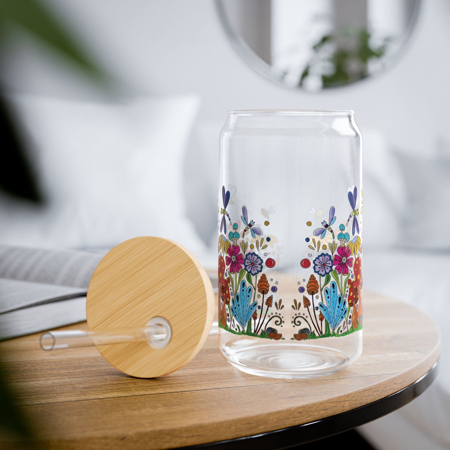 Zen Doodle Floral & Mushroom Sipper Glass — 16oz Original Art