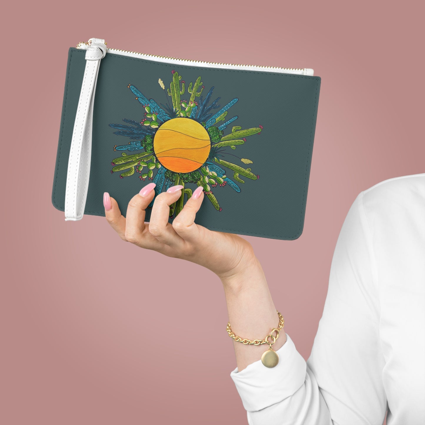 Cactus Sun Doodle Clutch Bag — Hand-Drawn Desert Art Wristlet