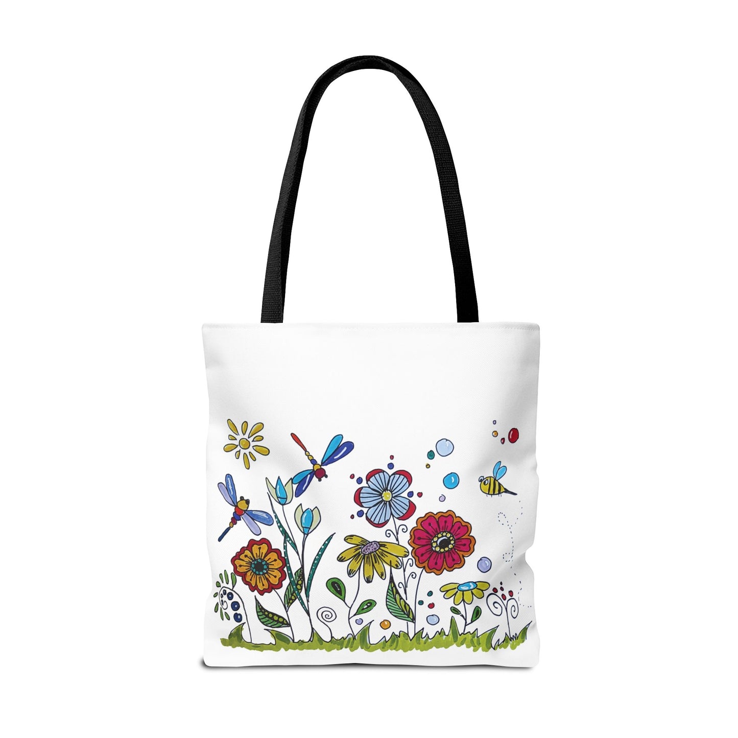 White canvas tote bag with my original zentangle flower garden drawing