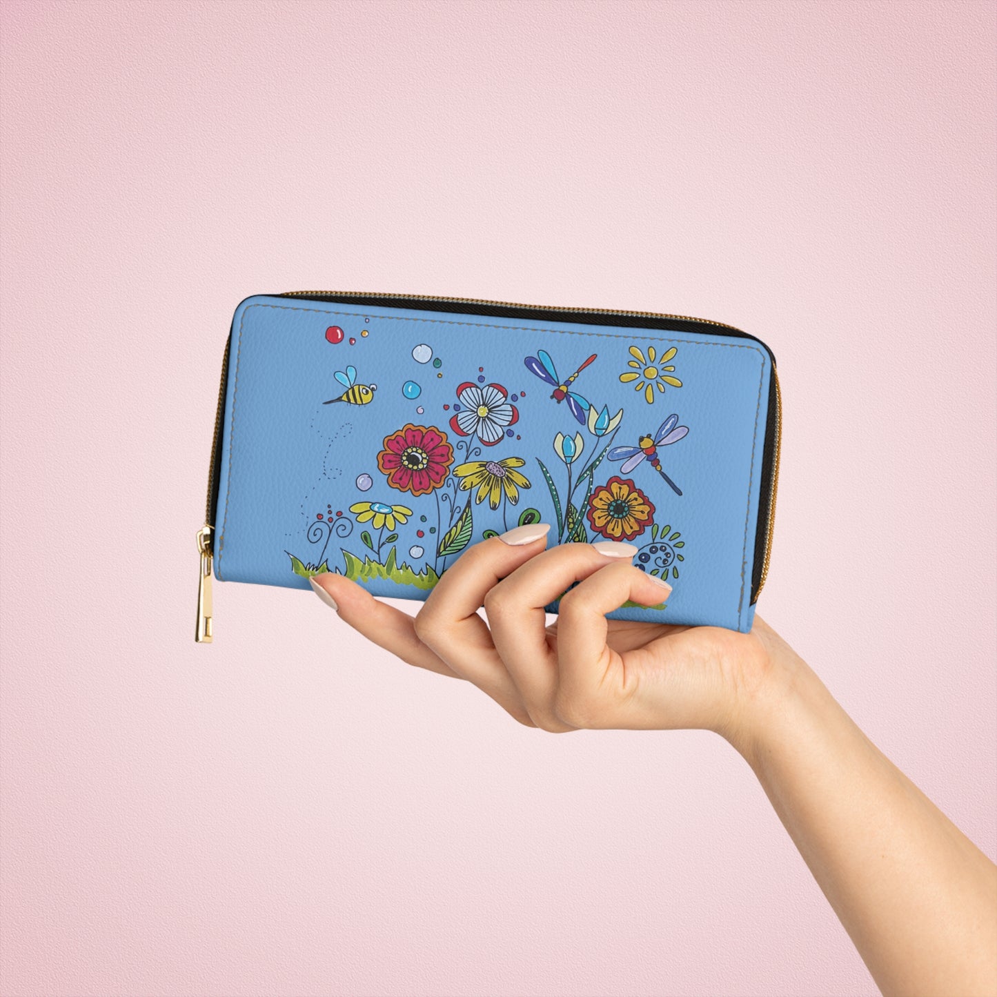 Zipper Wallet - Blue Flower Doodle Art