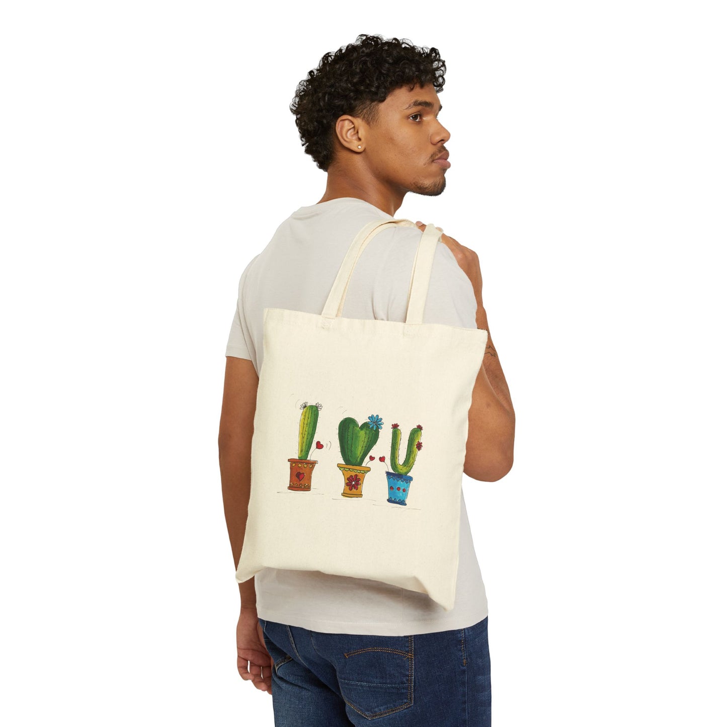 Cotton Canvas Tote Bag with cactus doodle art