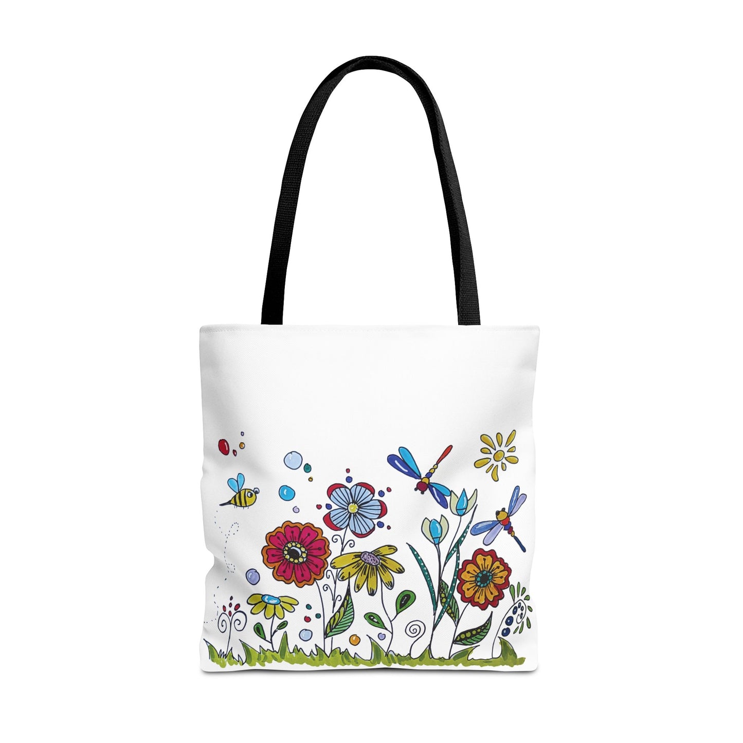 White canvas tote bag with my original zentangle flower garden drawing