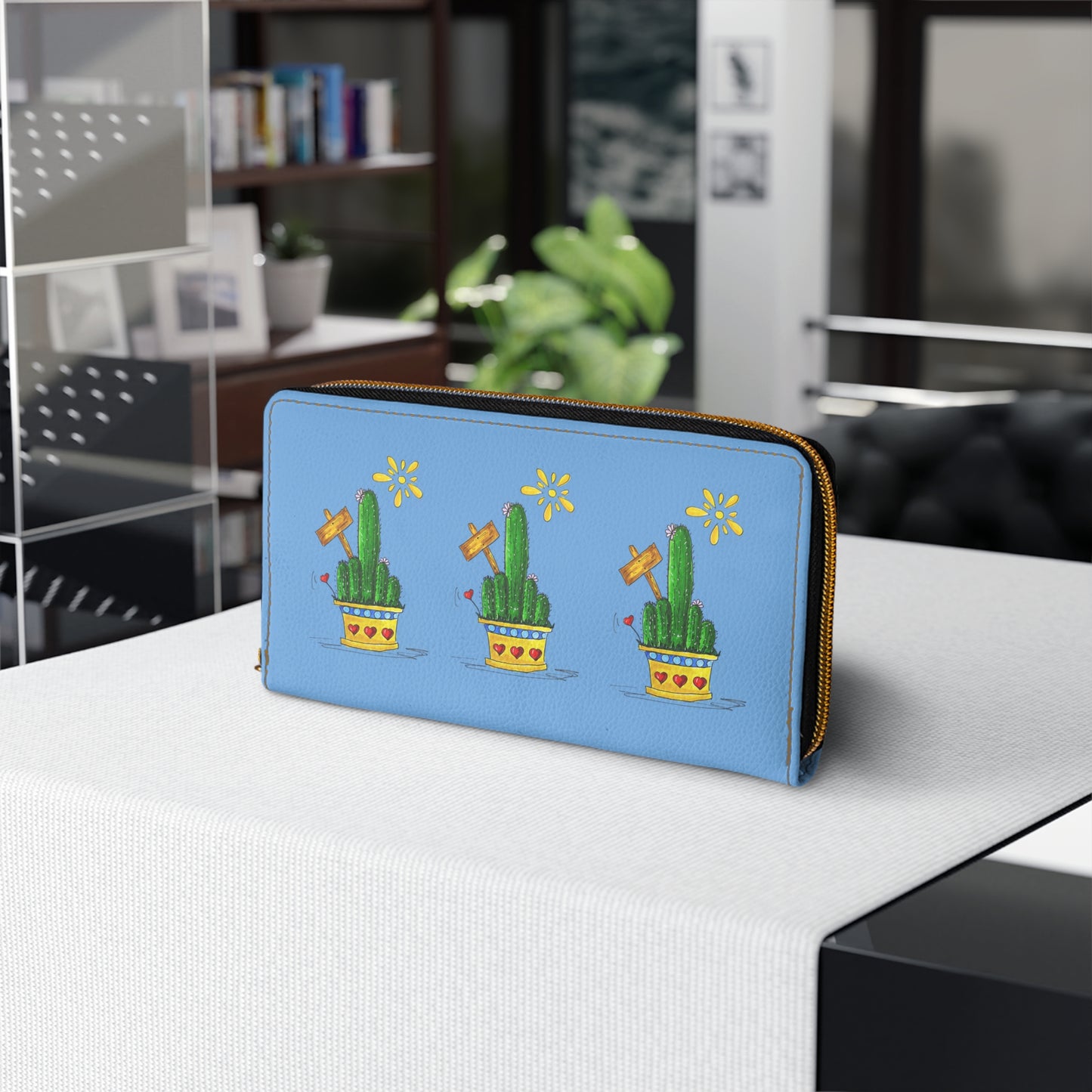 Cute cactus zipper wallet with my original cactus doodle art - blue