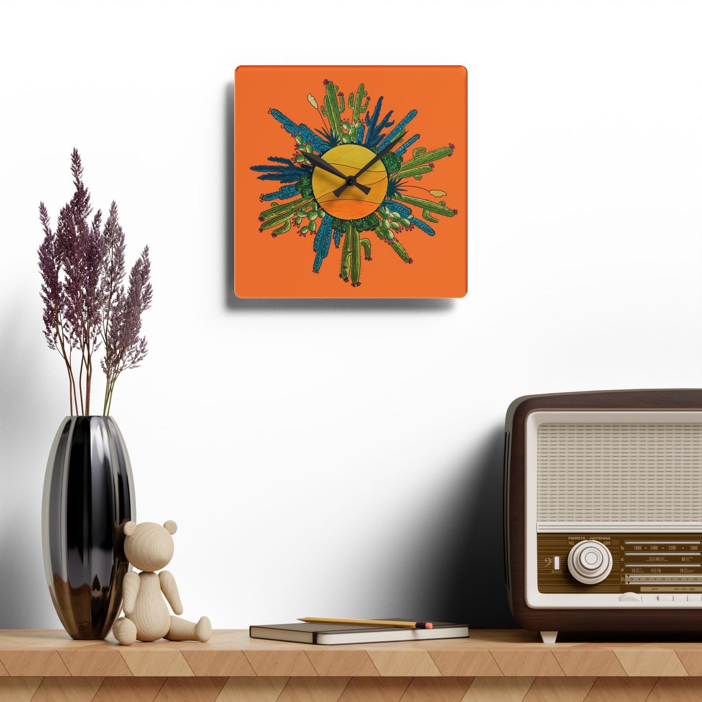 Cactus art wall clock made from acrylyc - orange