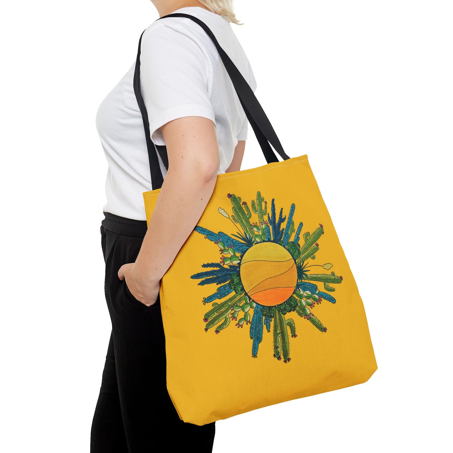 cactus sun tote bag with yellow brackground made with my original art - beach bag or book bag