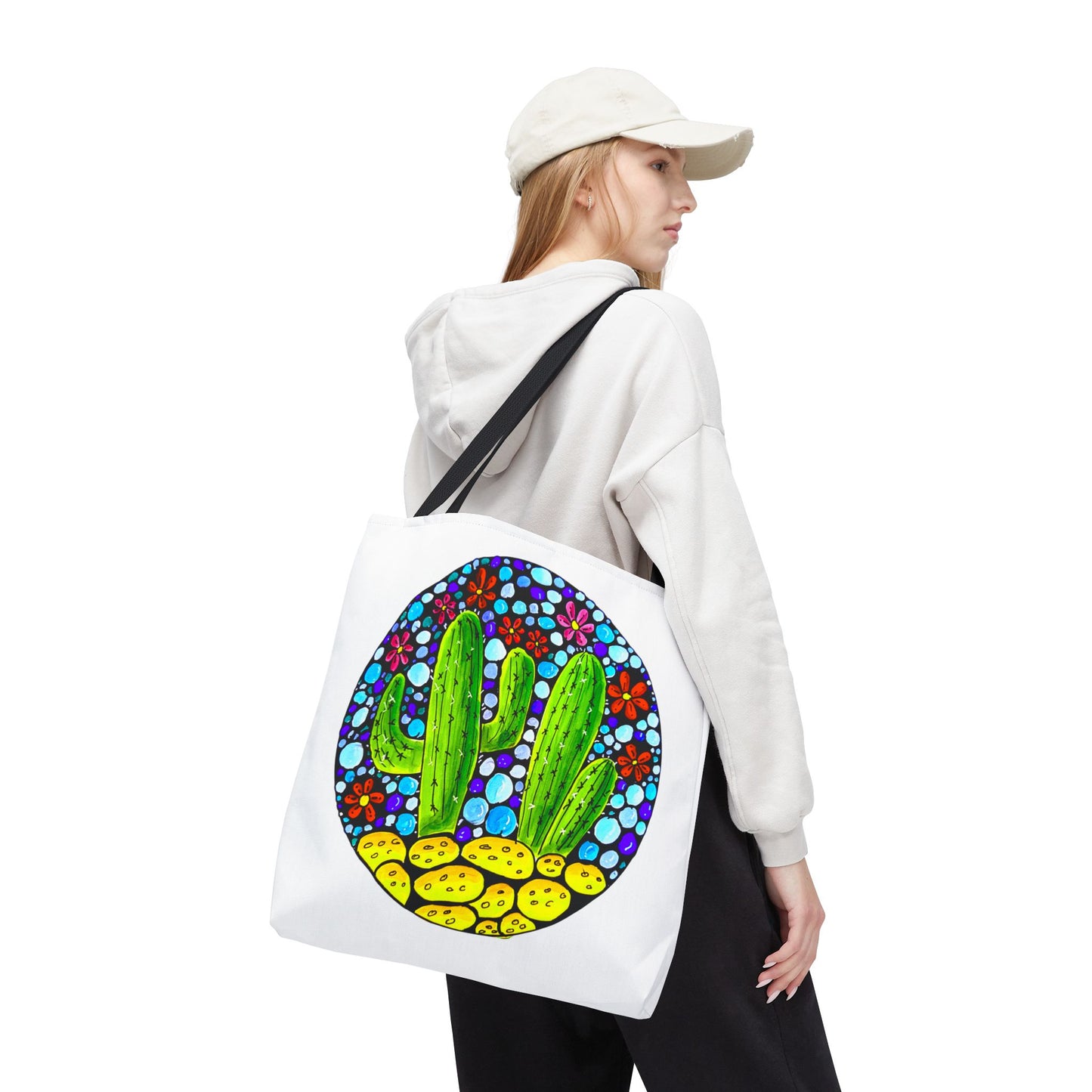 Cactus Doodle Canvas Tote Bag — Cute Hand-Drawn Succulent Design - white