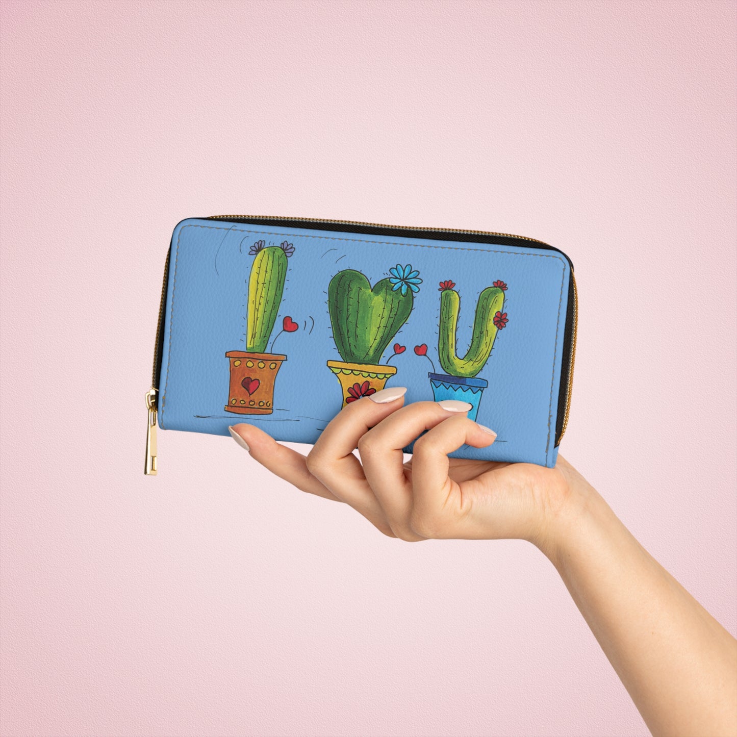 Blue zipper wallet with cacti front and back