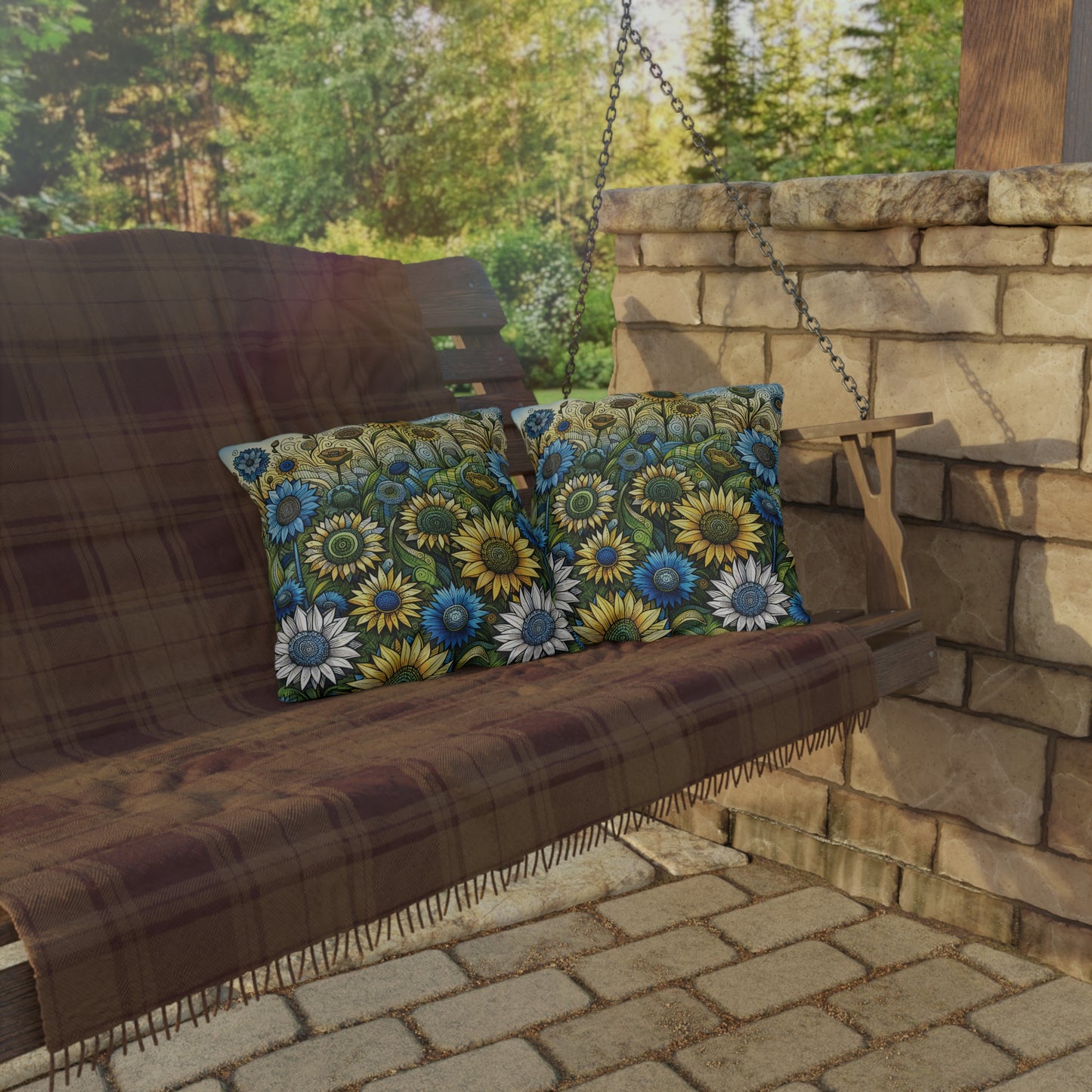 Sunflowers & Cornflowers Outdoor Pillow — Floral Garden Throw Pillow