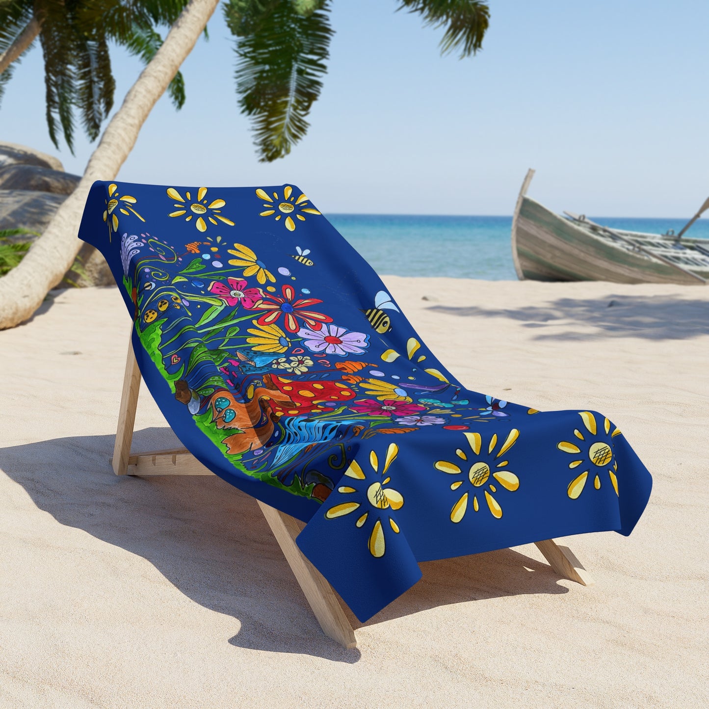 Dark blue beach towel with a flower garden and suns - made with my original art