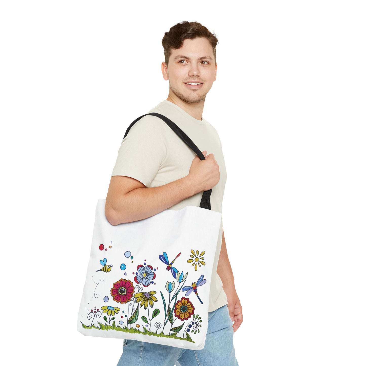 White canvas tote bag with my original zentangle flower garden drawing