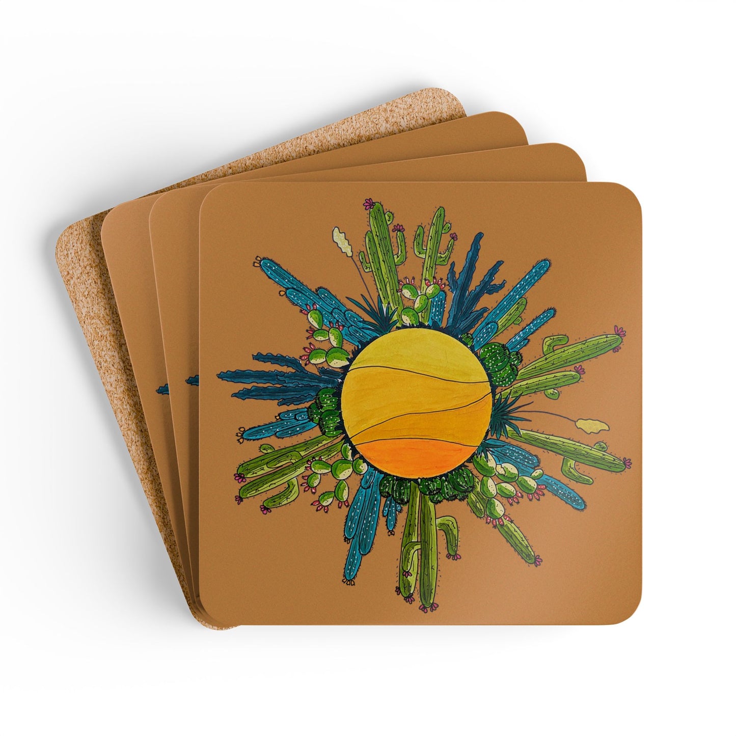 Cactus Sun Cork Coaster Set — Original Doodle Cacti