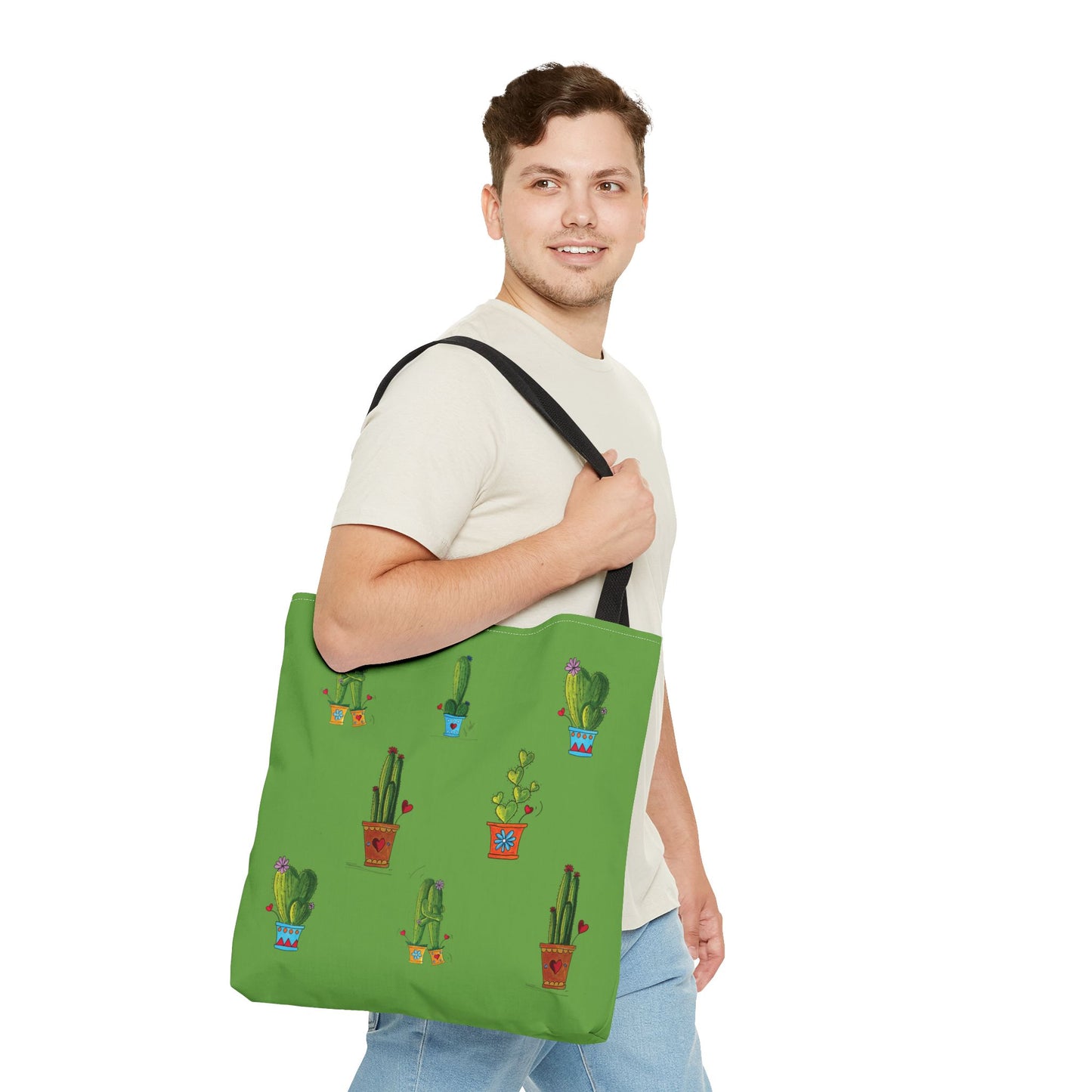 Green cactus in a pot Tote bag with my original doodles drawings printed on it