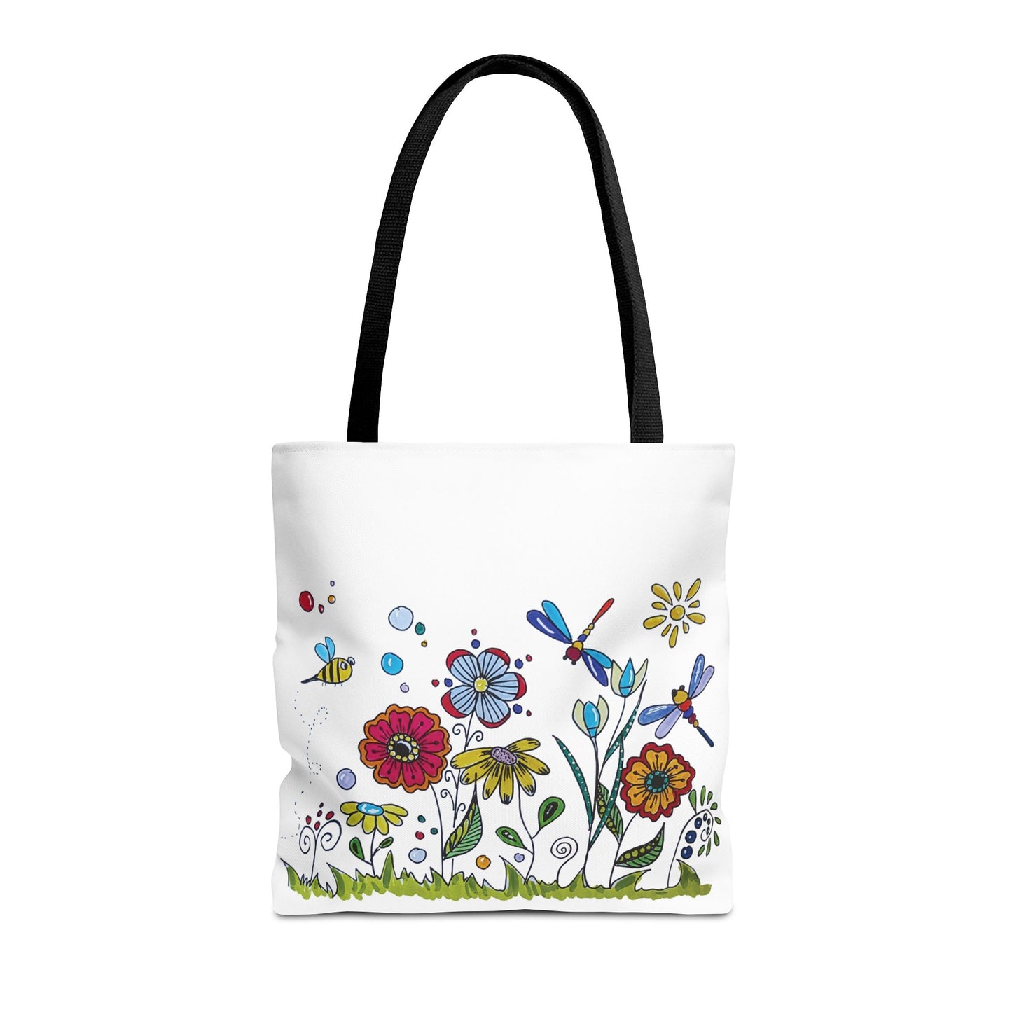 White canvas tote bag with my original zentangle flower garden drawing