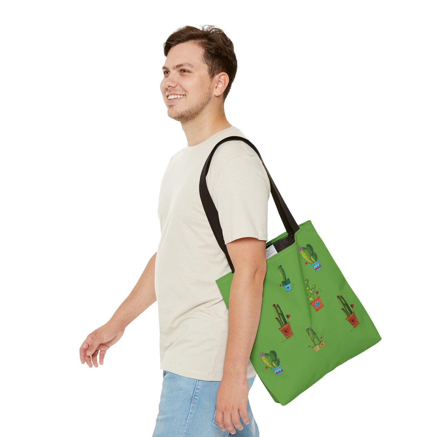 Green cactus in a pot Tote bag with my original doodles drawings printed on it