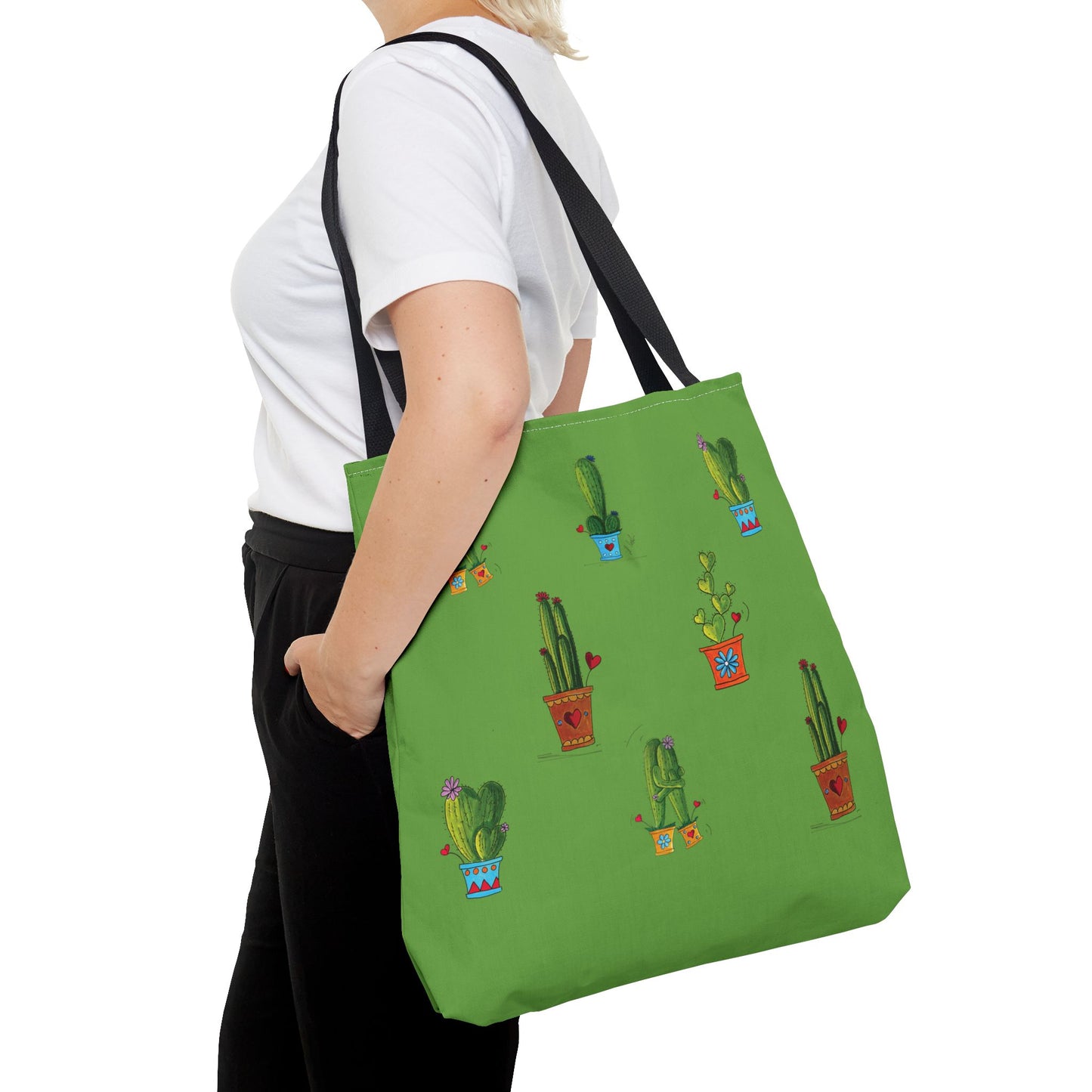 Green cactus in a pot Tote bag with my original doodles drawings printed on it