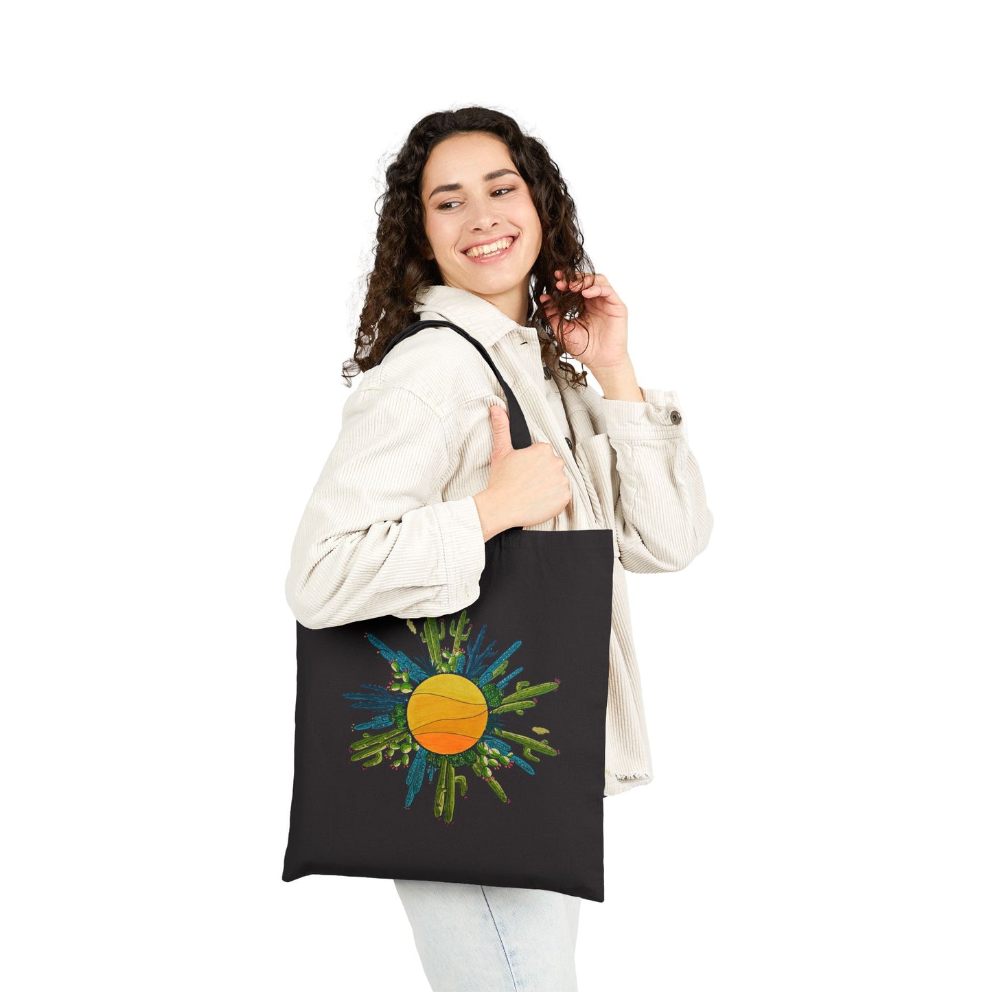 Cactus Doodle Sun Cotton Canvas Tote Bag
