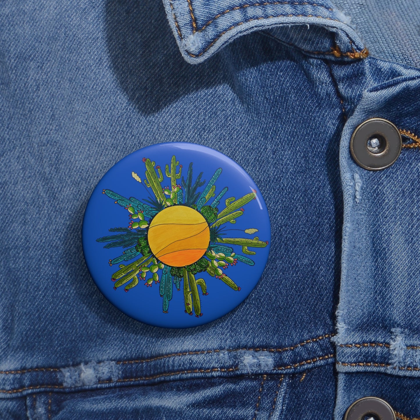 Cactus Sun Doodle Art Pin Button — Cute Cactus Button Badge
