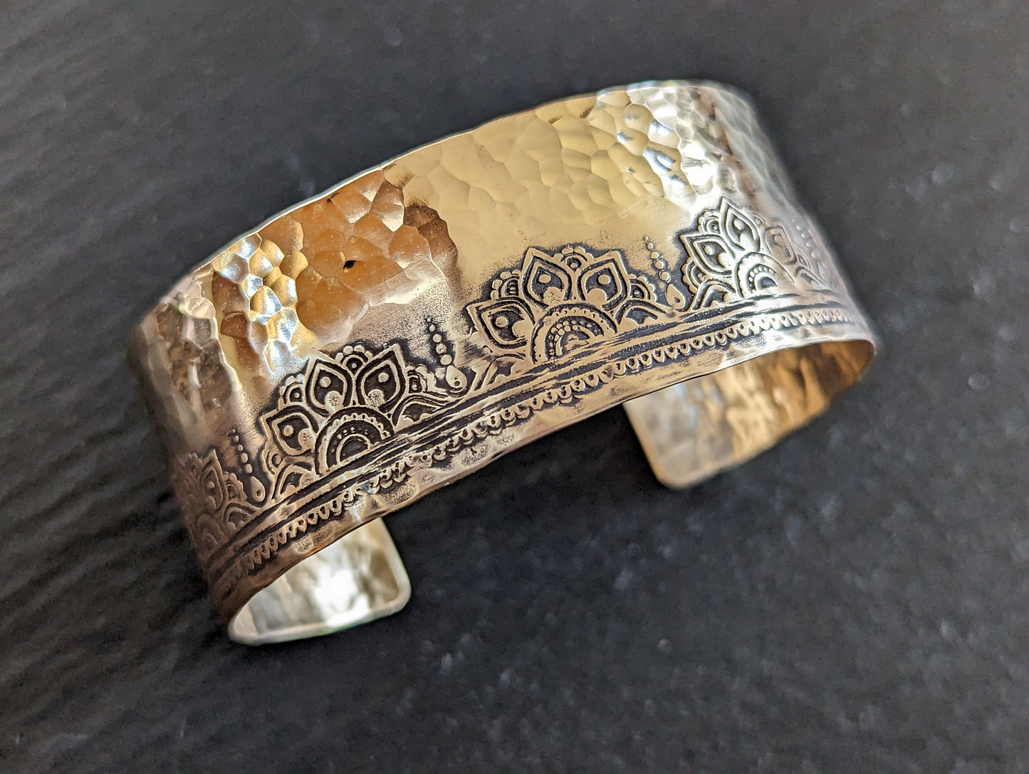 Mhendi mandala border cuff bracelet made from bronze - 1 inch wide