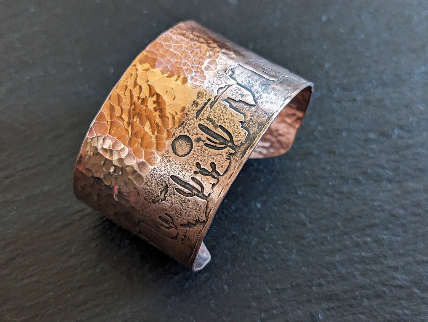 Copper cuff bracelet with hammered texture and cactus and monument mountains - Arizona desert scene