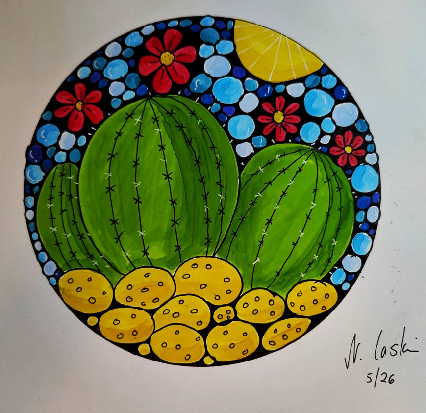 Original Doodle art drawing with cactus - alcohol ink on acid free paper