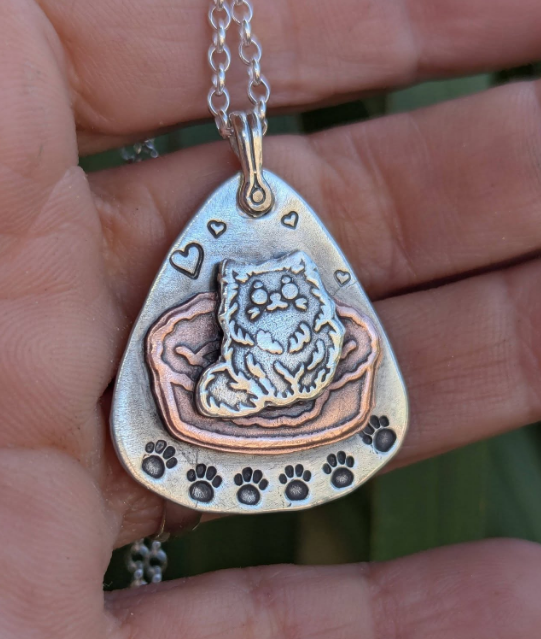 Mixed metal kitty cat pendant - guitar pick pendant