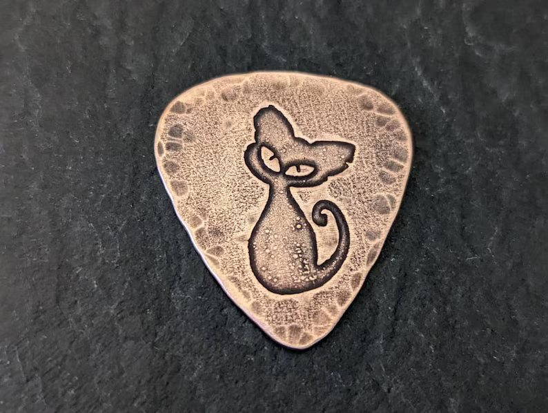Copper guitar pick with cat and hammered edge - playable