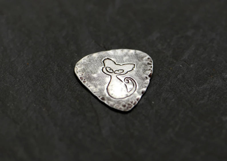 Sterling silver guitar pick with cat - handmade and playable