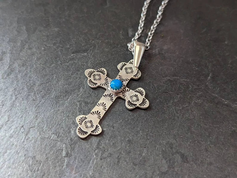 Sterling silver cross with Kingman mine Turquoise