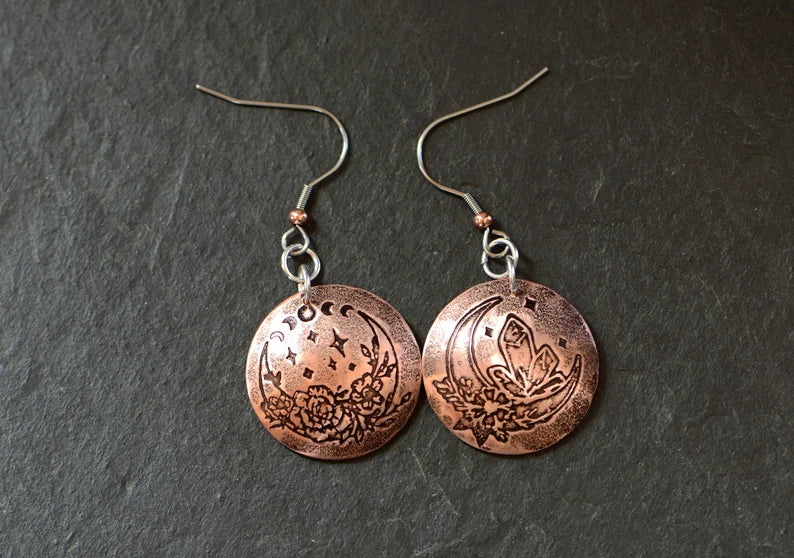 Copper crystal moon drop earrings - domed