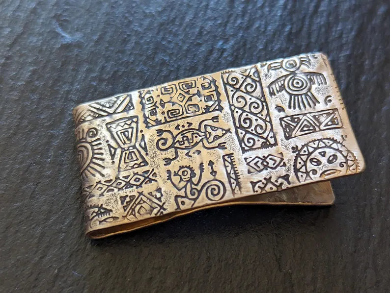Bronze money clip - rustic with primitive pattern