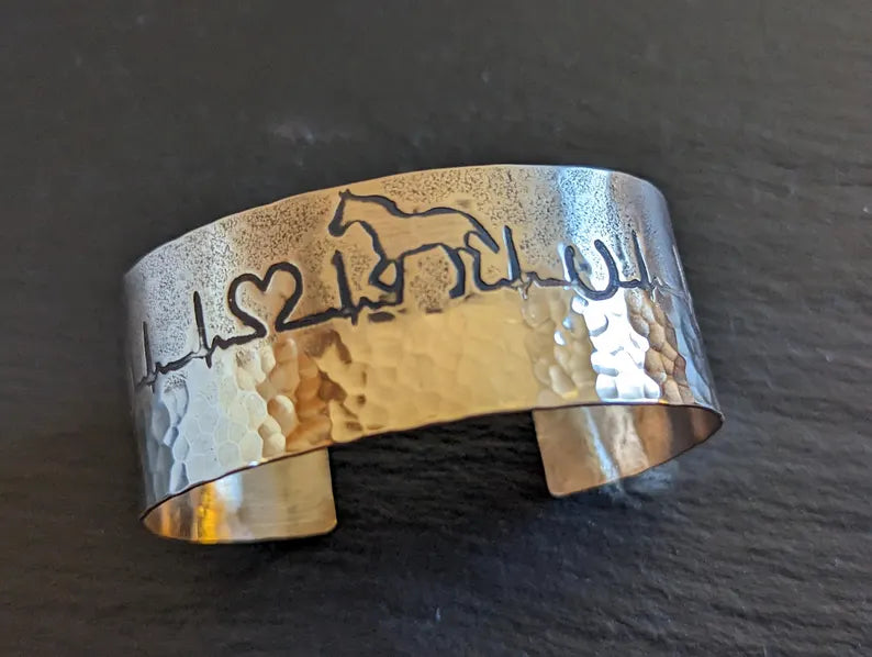 Bronze cuff bracelet with horses and hammered texture
