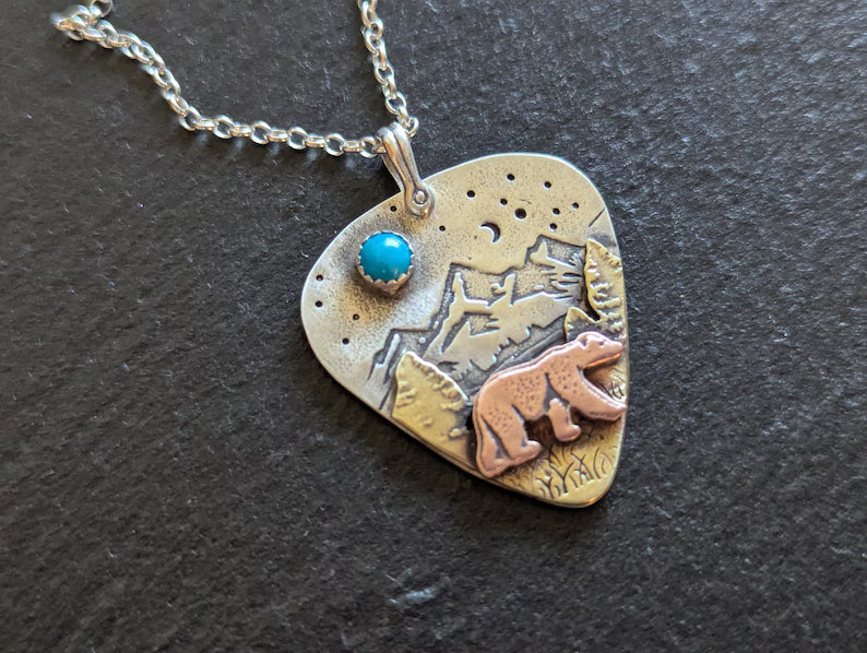 Bear guitar pick pendant necklace - mixed metal
