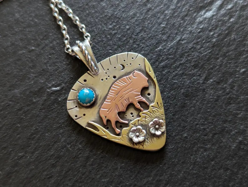 Wild buffalo charm necklace with turquoise - guitar pick pendant mixed metal
