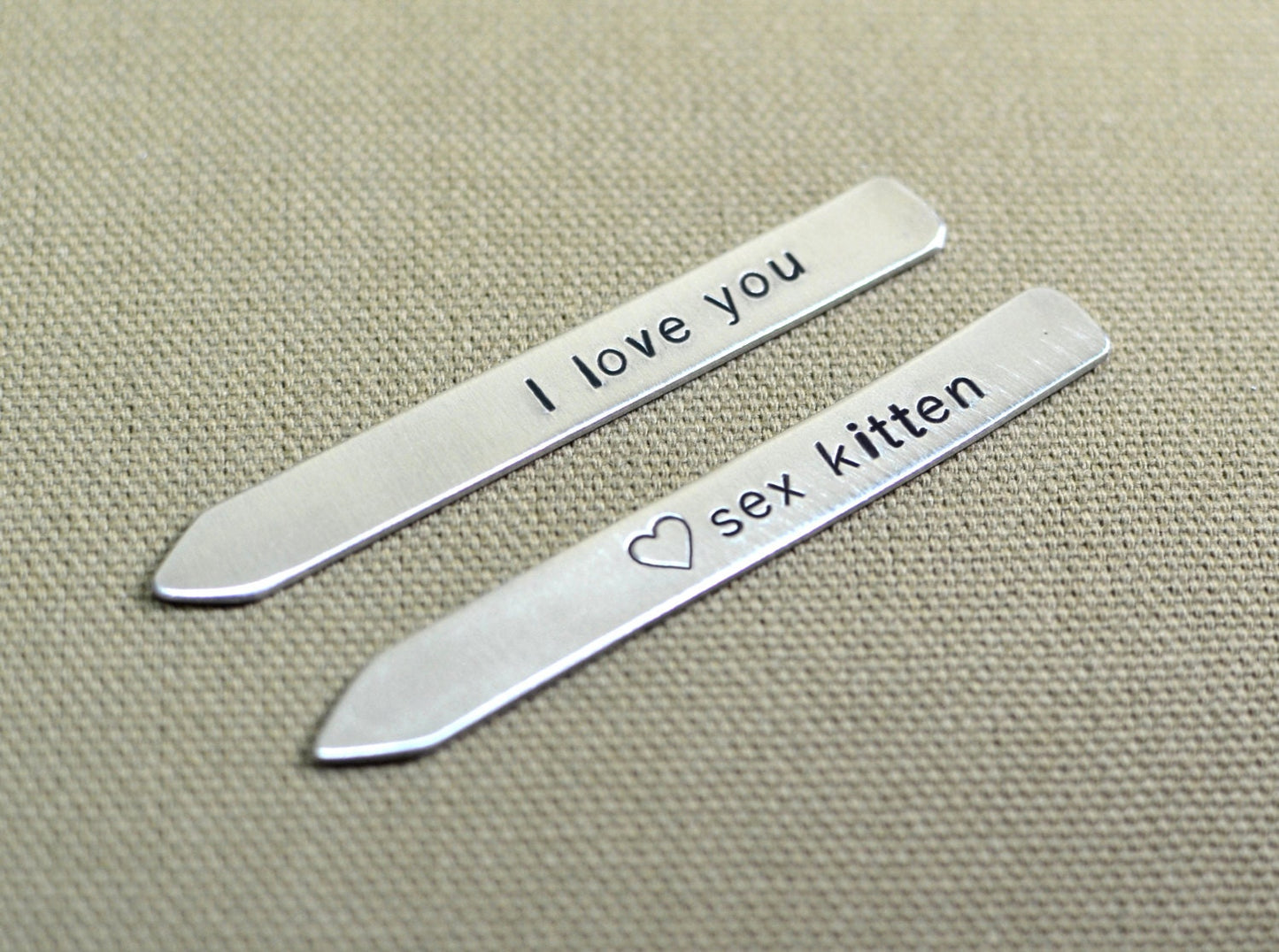 Aluminum collar stays stamped with sex kitten