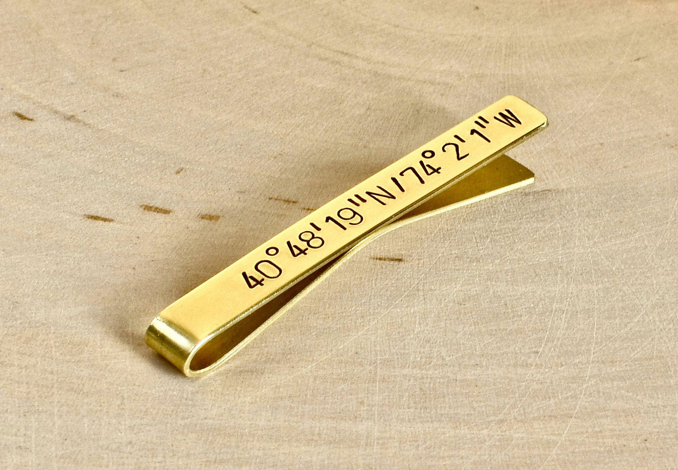 Latitude Longitude Tie Clip with Personalized Coordinates in Brass