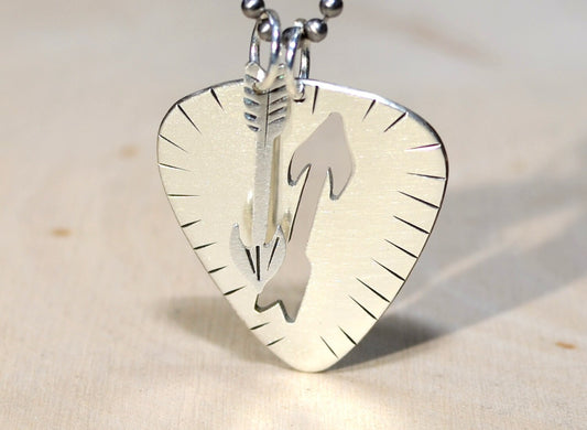 Sterling silver guitar pick necklace with handcrafted arrow charm