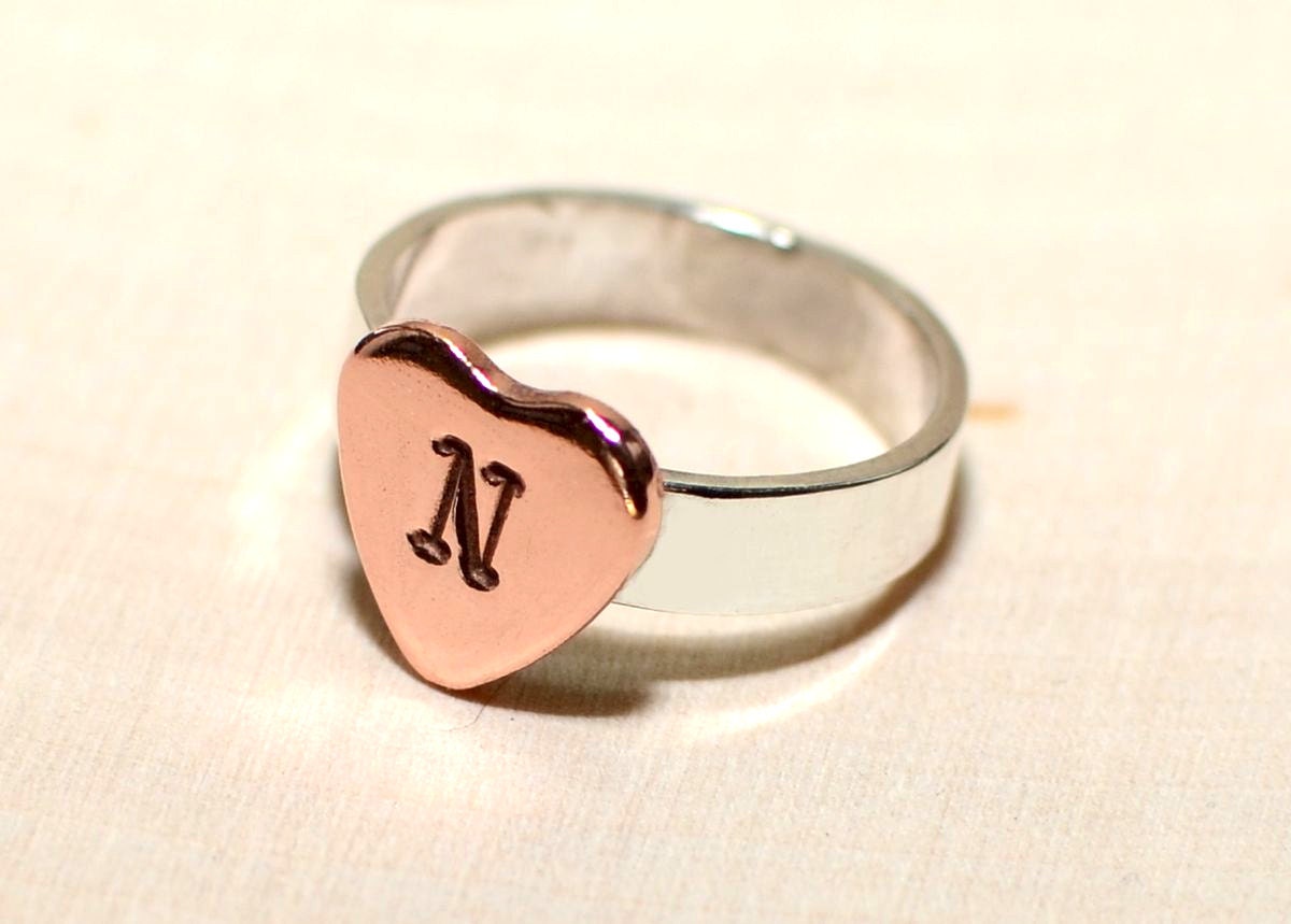 Personalized copper heart on sterling silver band