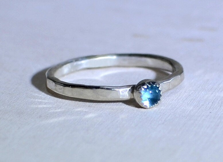 Blue Topaz ring on Hammered Sterling Silver Band