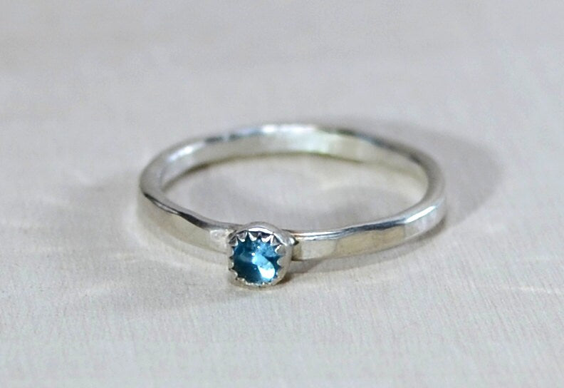 Blue Topaz ring on Hammered Sterling Silver Band