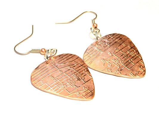 Copper guitar pick dangle earrings with musical notes