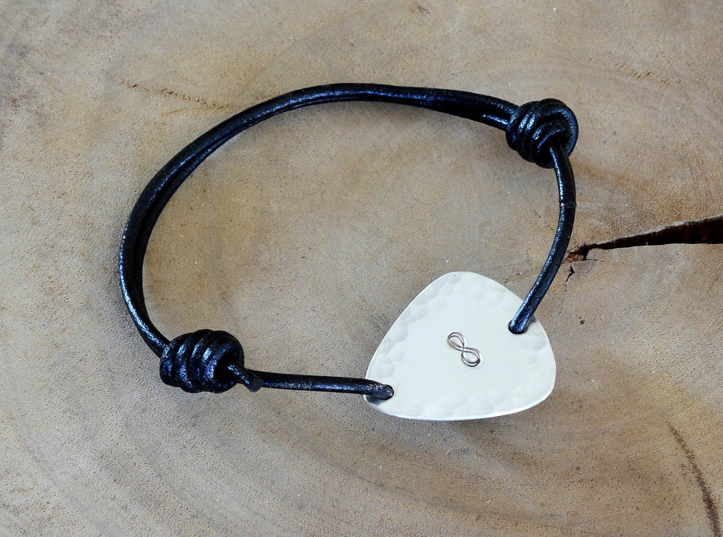 Sterling Silver Guitar Pick Bracelet with Infinity Symbol and Hammered Pattern