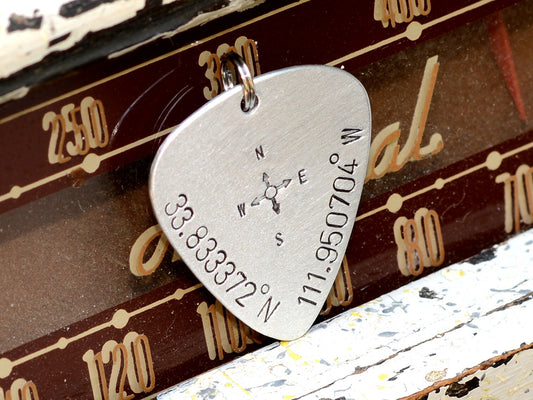Guitar Pick with Personalized Latitude Longitude Coordinates on a keychain